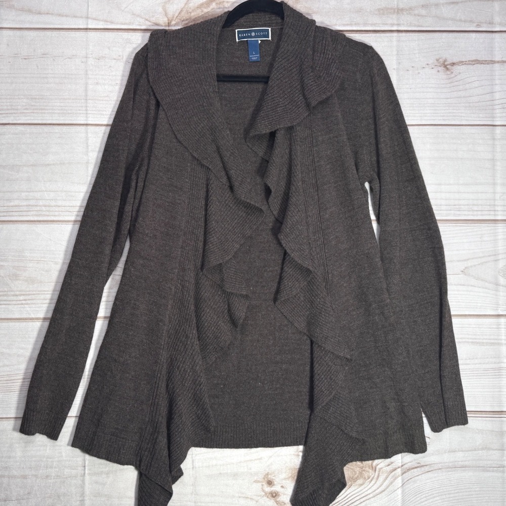 Karen Scott Brown Ruffle Waterfall Open Front Cardigan Sweater Womens Large